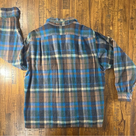 1950s Pendleton Virgin Wool Shacket XL Made in USA Brown Blue Green Shadow Plaid - Picture 2 of 4